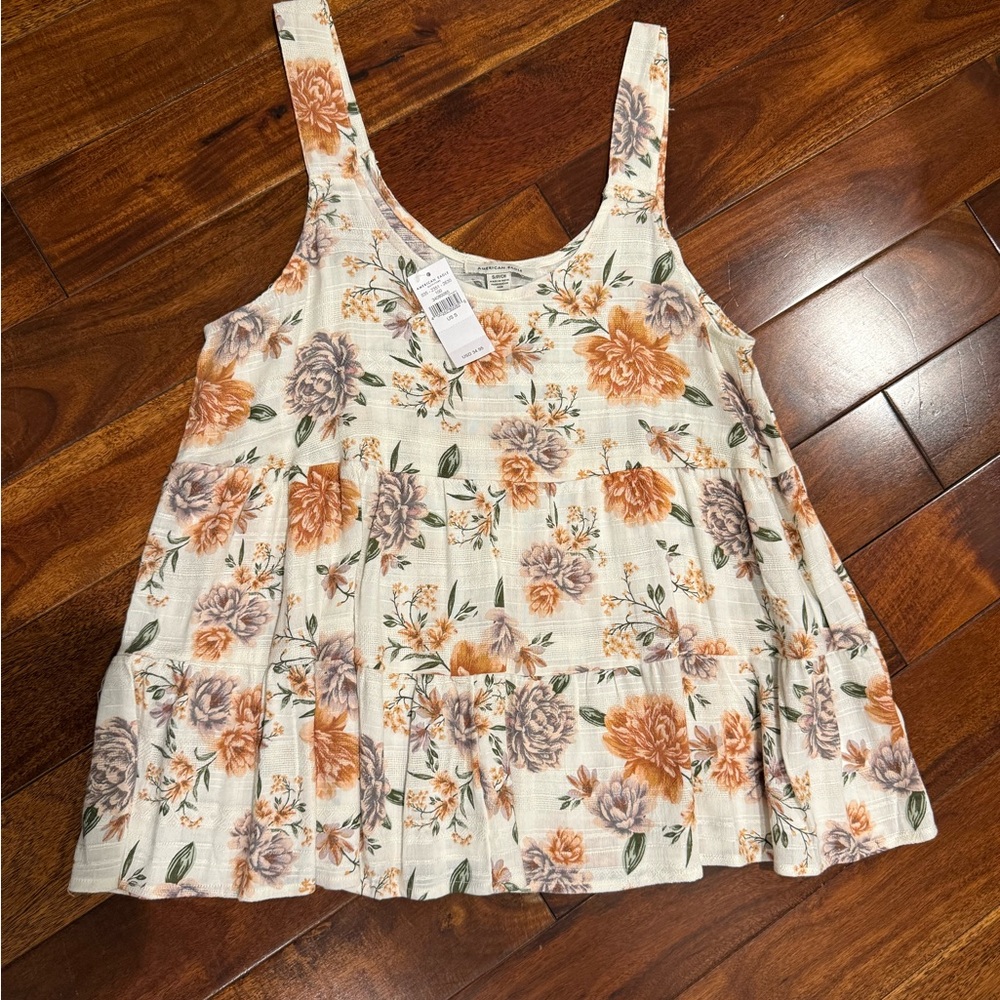 American Eagle Outfitters Floral Tank Top - Cream and Orange